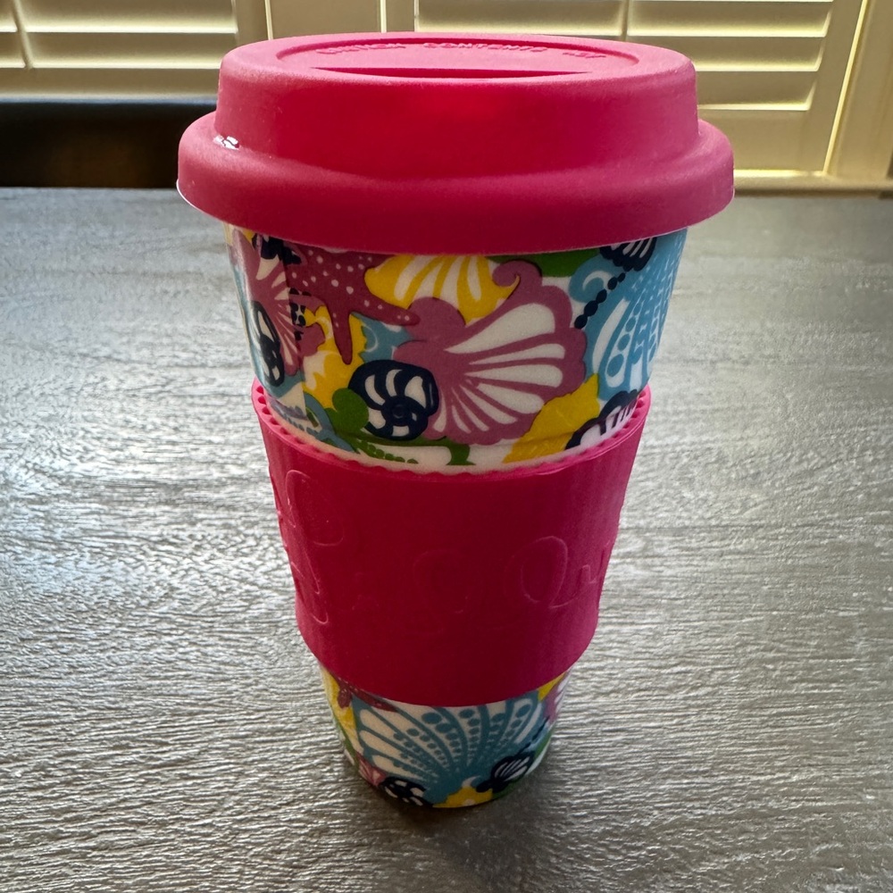 Lilly Pulitzer Ceramic Travel Mug with Pink Silicone Lid and Grip